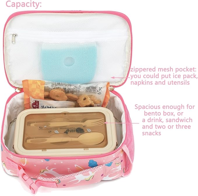 FlowFly Kids Lunch box Insulated Soft Bag Mini Cooler Back to School Thermal Meal Tote Kit for Girls, Boys,Unicorn