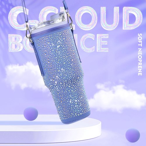 Bling Water Bottle Carrier Bag for Stanley Cup 40oz, Sparkling Diamond Water Bottle Holder with Adjustable Strap, Neoprene Water Bottle Bag Stanley Cup Accessories (Purple)