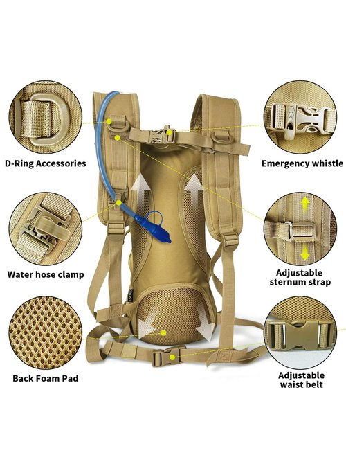 SMONT Tactical Hydration Pack Backpack Khaki - 2.5L Water Bladder Military Backpack with Molle Webbing for Gear Attachment Hands-Free Hydration for Hiking, Running, Climbing,Biking,Hunting