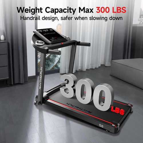 RHYTHM FUN Treadmill with Incline, 8.0 MPH Treadmills for Home with 8% Incline, Foldable Treadmill with Handles, Low Noise Walking Pad for 300 lbs
