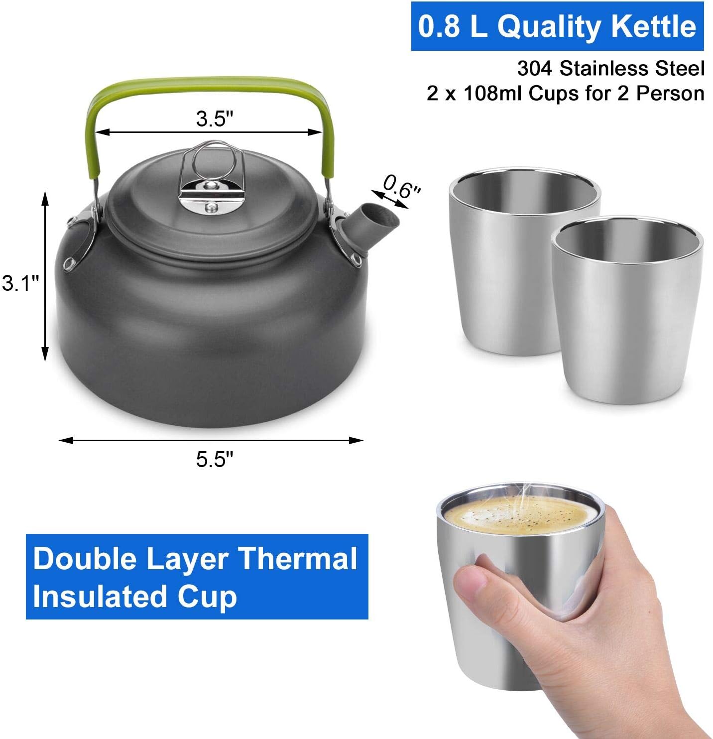 Odoland Camping Cookware Mess Kit, Lightweight Pot Pan Kettle with 2 Cups, Fork Spoon Kit Stainless Steel, gray for Backpacking, Outdoor Camping Hiking and Picnic