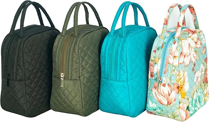 Machine Washable Women Quilted Fabric Insulated Reusable Cooler Lunch Bag Tote Adult Thermal Lunch Box Storage Bag for Ｗork (Blue)