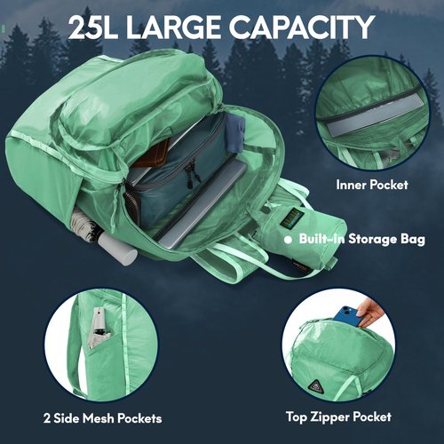 Haimont 25L Lightweight Hiking Backpack Men Women, Packable Day Packs With Compact Size for Travel, Camping, Gears, Outdoor, Beach, Green