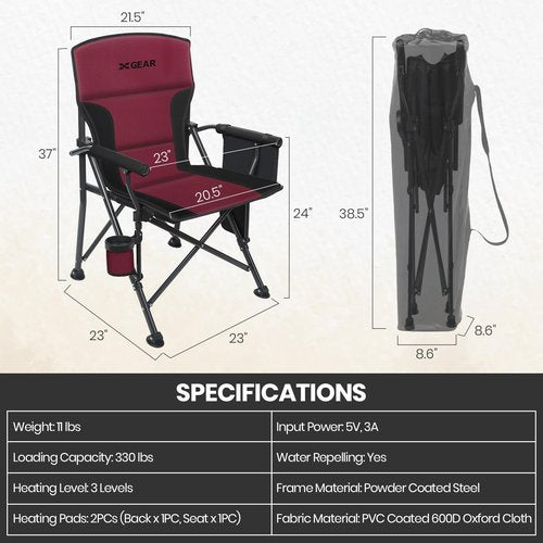XGEAR Heated Camping Chair for Adults, 3 Heat Levels, Heated Back and Seat, Fully Padded Heated Camp Chair for Outdoor, Battery Not Included(Black/Red)