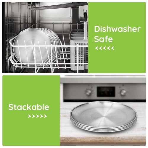 Offiper 8 Stainless Steel Plates, 7.8 inch 304(18/8) Metal Camping Plate, Reusable Food Serving Dish Snack Eating Dishes Round Shatterproof Plate Silver Dinnerware for BBQ Dinner Oven Dishwasher Safe