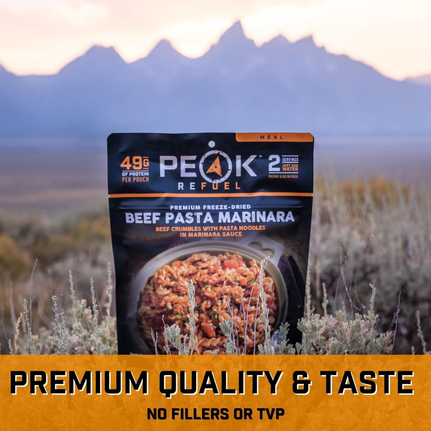 Peak Refuel Beef Pasta Marinara | 49g Protein | 1040 Calories | 100% Real Meat | Premium Freeze Dried Backpacking & Camping Food | 2 Servings | Ideal MRE Survival Meal