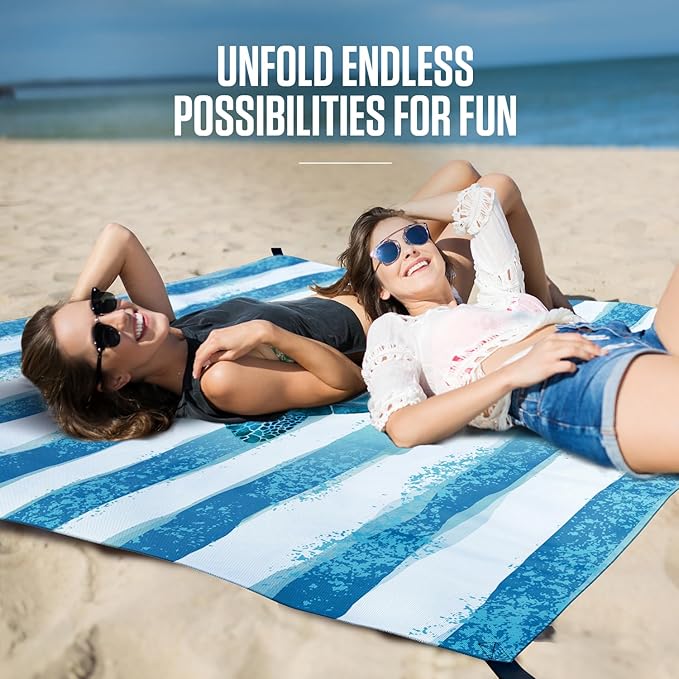 VENTURE 4TH Family-Size Beach Blanket: Sandproof, Waterproof, Lightweight & Compact. Includes Stakes and Carry Bag. 7x8 feet XL Striped Turtle