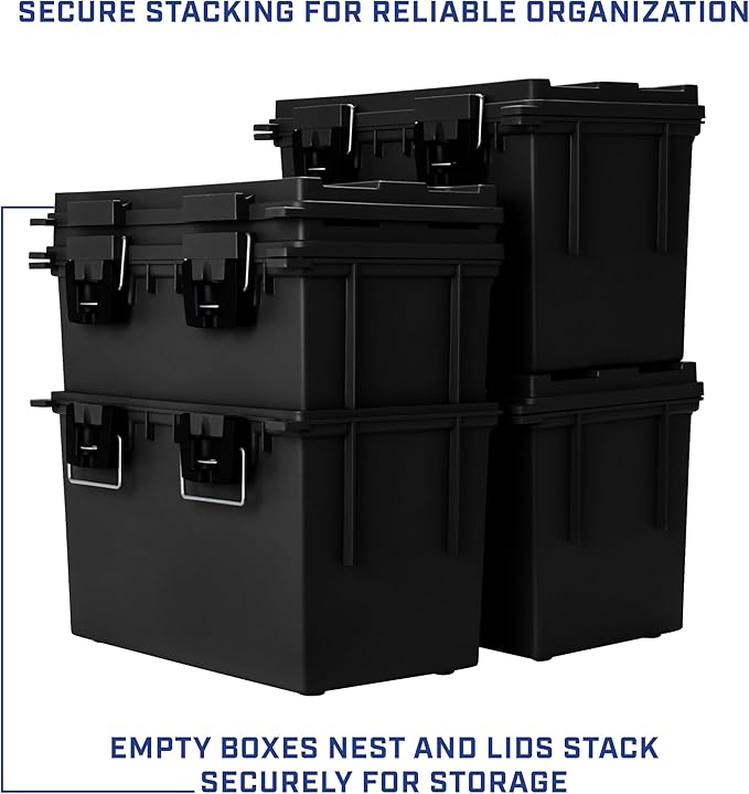 Sheffield 12764 4-Pack XL Ammo Storage Box, Stackable .50 Cal Field Boxes, Water and Dust Resistant, Lockable Storage Box with Handle, Heavy Duty Protection for Hunting Gear, Made in the USA, Black