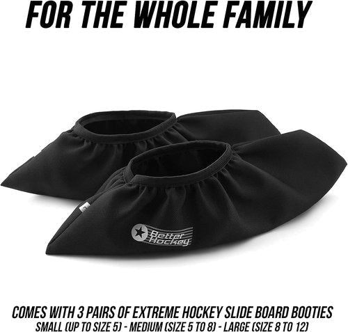 Better Hockey Extreme Slide Board - Portable IceHockey Training Aid, For Stamina, Endurance, Strength, Agility and Speed - Used by the Pros, Adjustable Length, With 3 pair of Booties, Size S, M, and L
