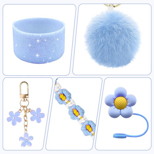 Stanley Cup Accessories Set Including Adjustable Water Bottle Shoulder & Handle Strap, Glitter Silicone Protective Boot, Silicone Straw Topper Cover, Cute Charms for Stanley 30oz 40oz Tumbler (Blue)