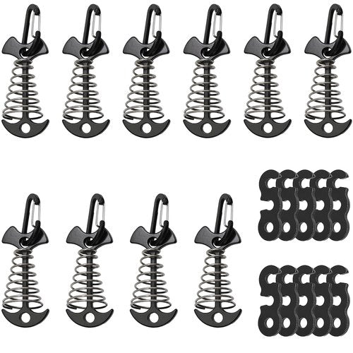 Zreneyfex 10 Pcs Deck Anchor Pegs Tent Stakes Large Size 55mm, Tent Pegs Anchors Aluminum Alloy Fishbone Spring Hooks Tent Stakes with Spring Buckle, Portable Wind Rope Anchor, Black