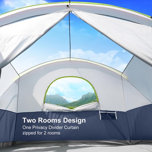 UNP Camping Tent 8/9 Person, Family Camping Tent, 5 Large Ventilation Mesh Windows, 14'x14'x78 inches Tall with Dividers Curtain for 2 Room