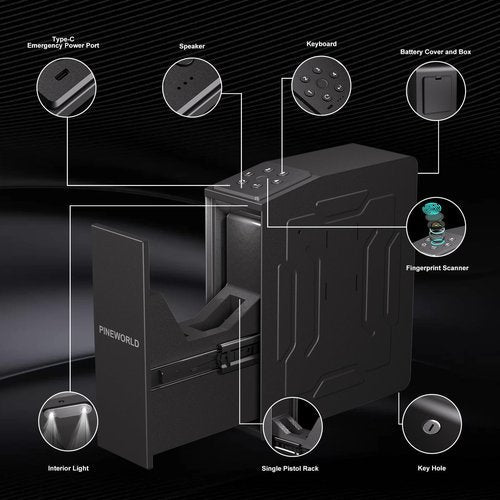 PINEWORLD Gun Safe For Handgun, Biometric Slider Bedside Handgun Safe, Pistol Lock Case for Nightstand,Sliding Door Hand Gun Safe for Pistol -with 3 Quick Access Fingerprint, PIN Code, KEY