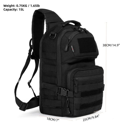 AMHEH Military Tactical Crossbody Sling Bag One Strap Backpack 15L Black | Fit 12 Inch Laptop, Molle, Travel, Hiking, Daily Use