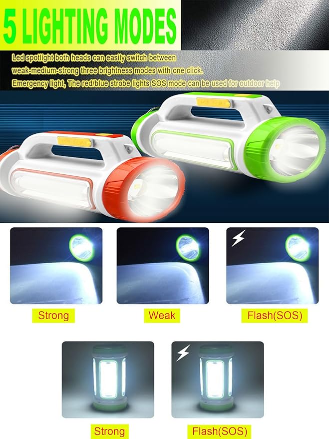 LED Searchlight, Solar Rechargeable Super Bright 10000LM Handheld Spotlight Lantern, Multifunctional LED Lamp Camping Flashlight, 5 Light Modes, Power Bank, IPX4 Waterproof, for Emergency