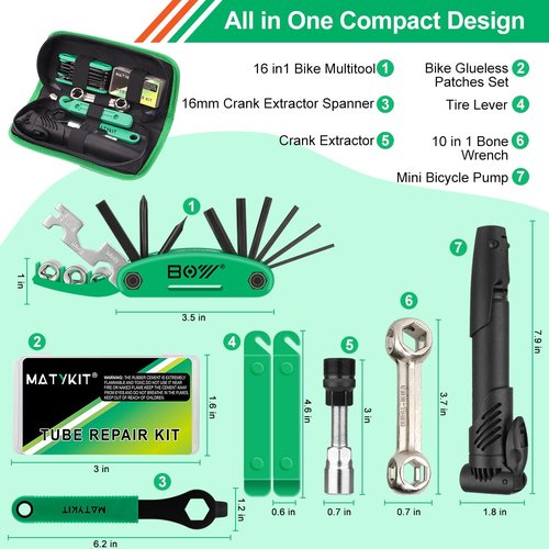 MatyKit Bike Tool Kit With Tools Bag + Bicycle Pump + Bike Multitool + Crank Extractor and Wrench + Bone Wrench + Tire Lever + Glueless Patches Set