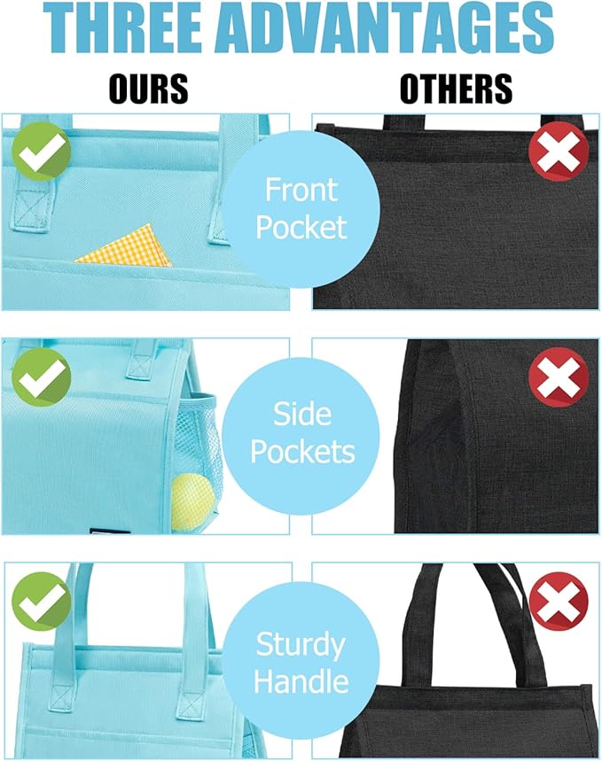Fmeida Insulated Lunch Bag Women, Simple Lunch Tote Bags, Waterproof Thermal Cooler Lunch Bag, Reusable Adult Lunch Box Bag for Women | Small Sky Blue, Front&Side&Interior Pockets