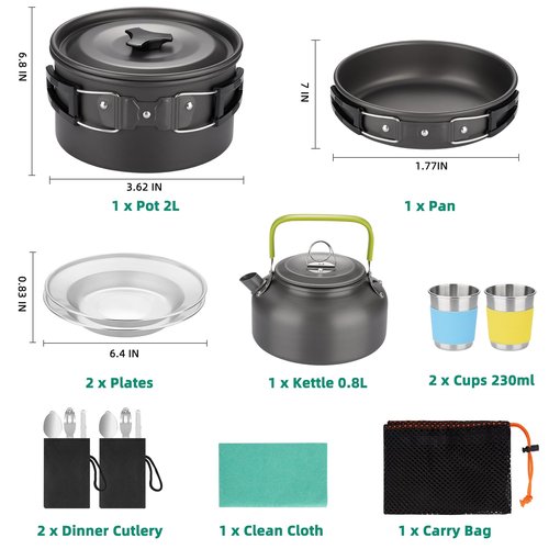 Camping Cooking Set 17pcs, Camping Cookware with Aluminum Non-Stick Pot Pan Kettle Set and 2 Set Stainless Steel Cups Plates Forks Knives Spoons for Backpacking Hiking, Camping Cooking