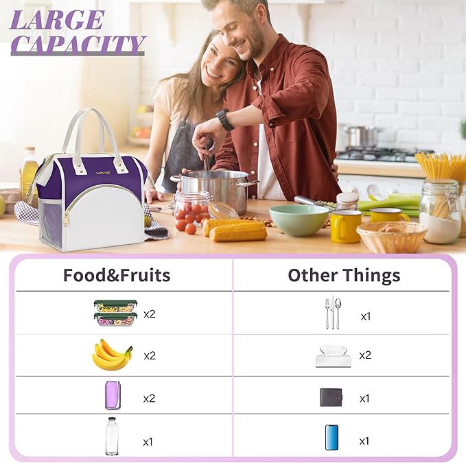 LOKASS Lunch Bag Women Insulated Lunch Box, Wide-Open Lunch Tote Bag Leak-proof Cooler Bag for Work Picnic-（Purple）