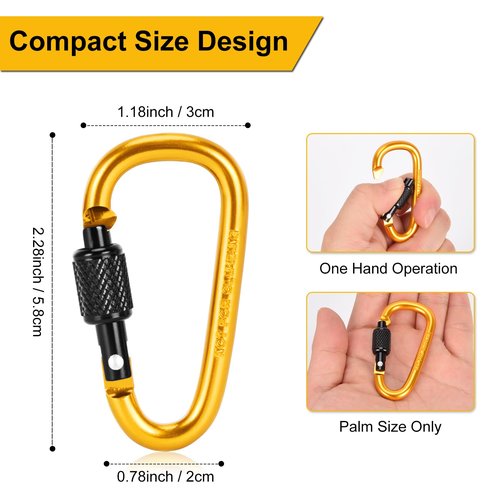 Dairzitv 10 Pack Carabiner Clip, 2.28 inch Aluminum D-Ring Shape Locking Carabiners, Snap Hook Sport Accessories for Outdoor Camping Hiking, Gold