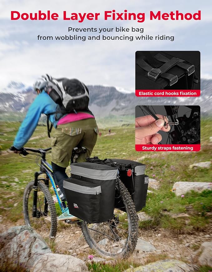 KEMIMOTO Bike Bag Bicycle Panniers Rear Rack Bag, 34L Large Capacity Water Resistant Bicycle Trunk Bag, Bike Saddle Bag for Grocery Shopping, Support for Width Less Than 6 inches Bike Rack, Grey
