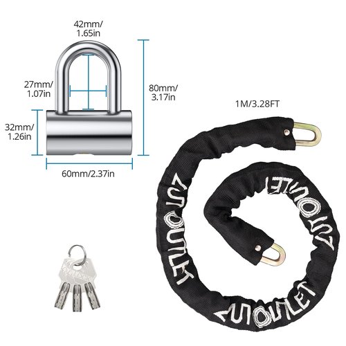 AUTOUTLET U-Lock Chain Lock, Full Metal U-Lock Chain Set with Crescent Copper Lock Cylinder for Motorcycle, Bicycle, and Trailer Security
