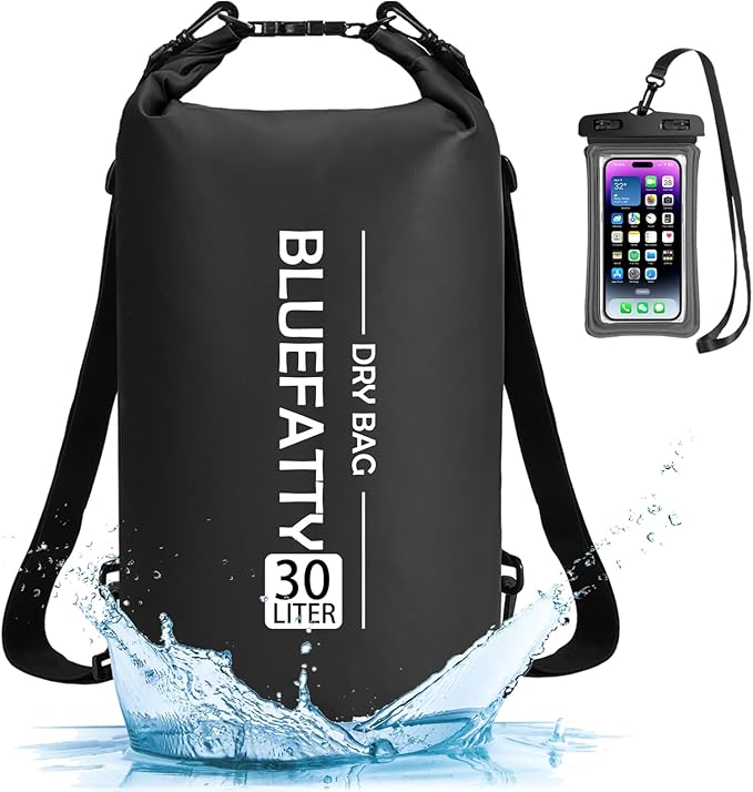 Waterproof Dry Bag Floating Roll Top Waterproof Backpack for Kayaking, Rafting, Boating, SUP, Fishing with IPX8 Waterproof Phone Case, Black, 30L