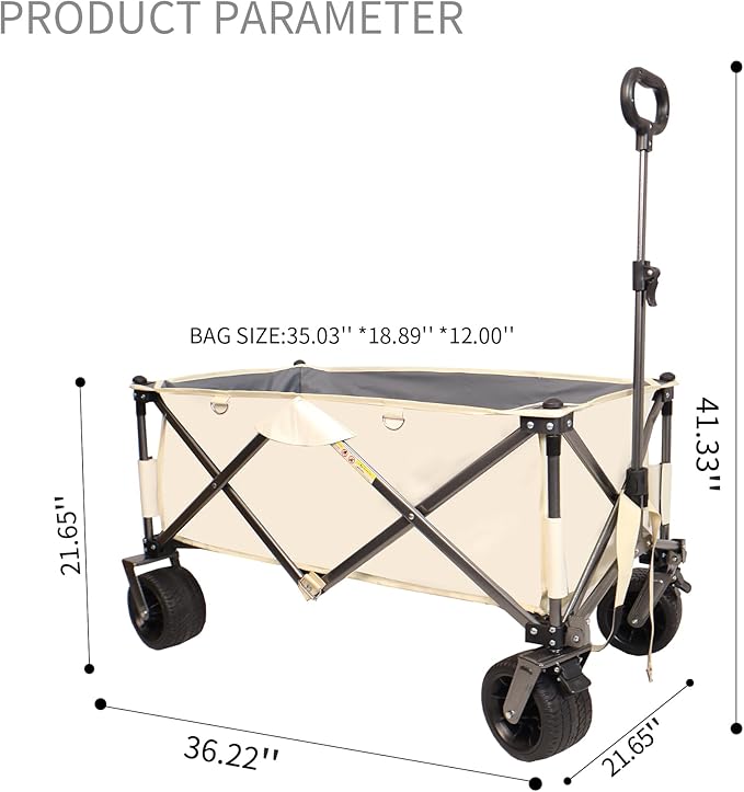 Collapsible Folding Wagon with Big Wheels,Heavy Duty Utility Beach Buggy Cart w/Adjustable Handle and Drink Holder,for Sand,Shopping,Camping,Garden,Outdoor,38",Antique White