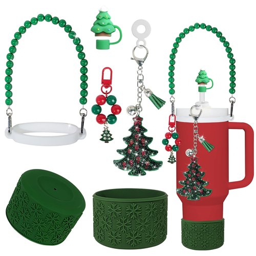 VirgoCCY Christmas Stanley Cup Accessories Set Including 1pcs 0.4in Straw Covers, 1 Water Bottle Handle Strap, 2 Cute Christmas Charms and 1 Silicone Boot for Stanley 40oz & 30oz, Green