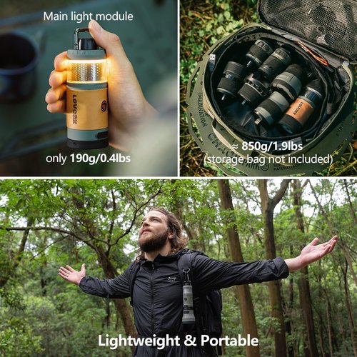 LOVORK 7-in-1 Modular Camping Lantern Rechargeable, 5000mAh, 500LM, IPX4 Waterproof, Fan, Bluetooth, Multi-Function Portable Flashlight, Camping Essentials Set for Emergency, Hiking, Fishing (Green)