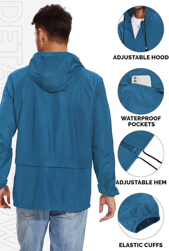 Zando Packable Rain Jacket for Men - Waterproof Hooded Raincoat, Windbreaker for Outdoor Travel Golf - Lightweight Blue L
