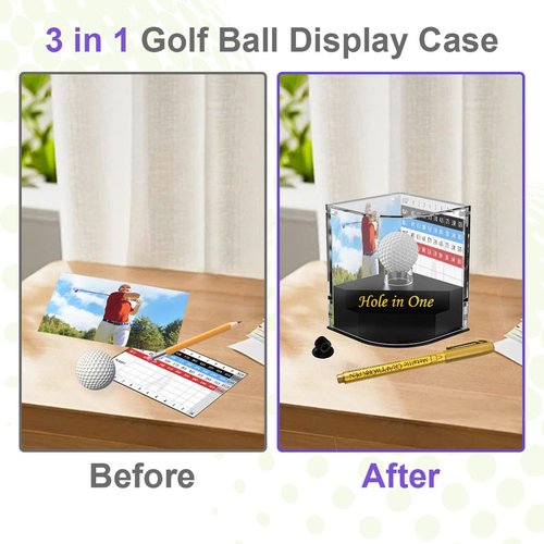 BmBpWOW Acrylic Golf Ball Display Case - 2 Layer for Hole in One Holder with Scorecard/Picture Frame & Golf Pencil Holder Golden Felt - Tip Pen