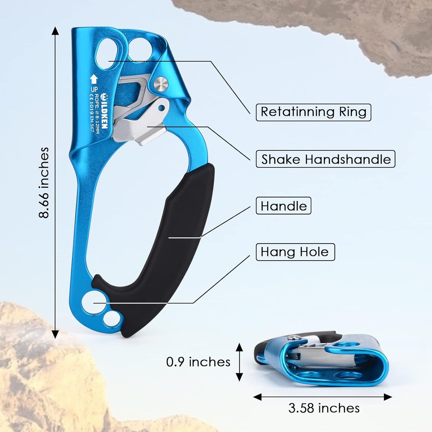 WILDKEN Climbing Hand Ascender Outdoor Mountaineering Tree Arborist Climbing Rappelling Equip Hand Ascender for 8-14MM Rope Left Right Hand Ascender