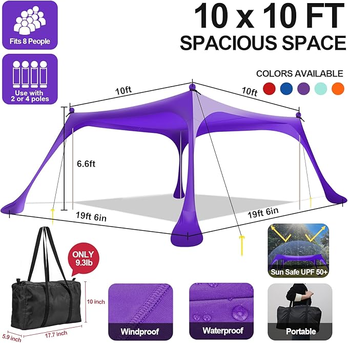 Buheco Beach Tent Pop Up Shade 10x10ft Beach Canopy Sun Shelter UPF50+ with 4 Foldable Poles-Portable Carrying Bag-Sand Shovel-Ground Pegs-Windproof Ropes for Outdoor Family Camping-Fishing-Picnic