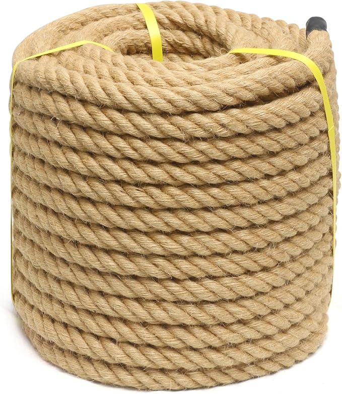 Natural Jute Rope 1 Inch × 25 Ft [Heavy Duty 4 Strands Twisted Manila] Hemp Rope for Swing Bed, Crafts, Railing, Tug of War, Landscaping, Gardening, Bundling, Hammock, Home Decorating