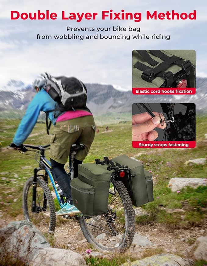 KEMIMOTO Portable Bike Pannier Bag, 34L Large Capacity Water Resistant Bicycle Trunk Bag with Reflective Trim, Bike Rear Seat Saddle Bag for Grocery Shopping Commuter Long Cycling Trip (Green)
