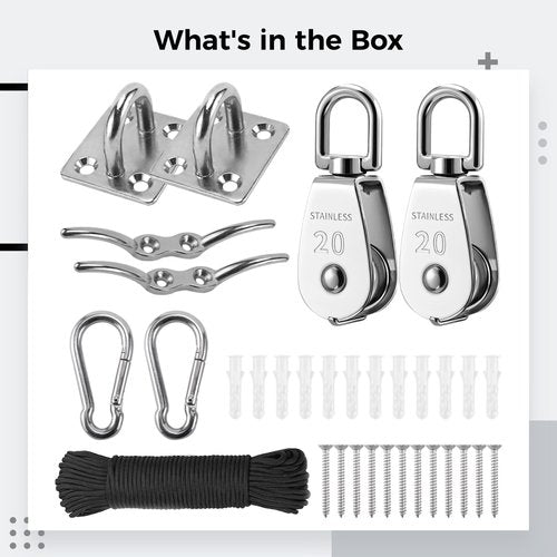 Pulley System Kit with 2 Single Sheave Blocks, Stainless Steel 20 mm Rope Pulleys, Heavy Duty Mounting Plates, Carabiners and 50ft Rope, Flag Pole Lifting System