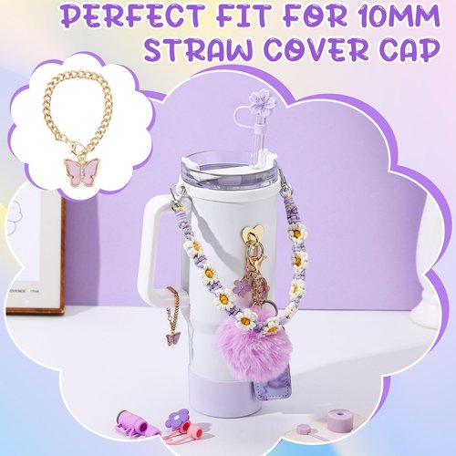 XLSXEXCL 14 Pcs Purple Cup Accessories Set for Stany,Including Water Bottle Handle Strap,Spill Stopper,Silicone Boot,Chapstick Holder,Charms for Stany,3 Pcs Silicone Straw Cover for Stany Cup