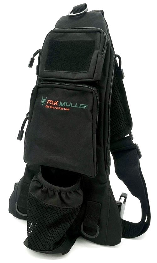 Pak Muller Crossbody Sling Bag Water Bottle Holder, RFID Back Pocket, Travel, Hiking, Everyday Go Bag, Chest Bag, Unisex, Slim Profile, Mid-Size (Black)