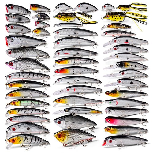 BAIKALBASS Fishing Lures Kits - Hard Baits Frog Popper Minnow Pencil Jerkbaits VIB Crankbaits Topwater Floating Lures Plugs Assorted Bass Fishing Tackle Sets Gray (057-50pcs)