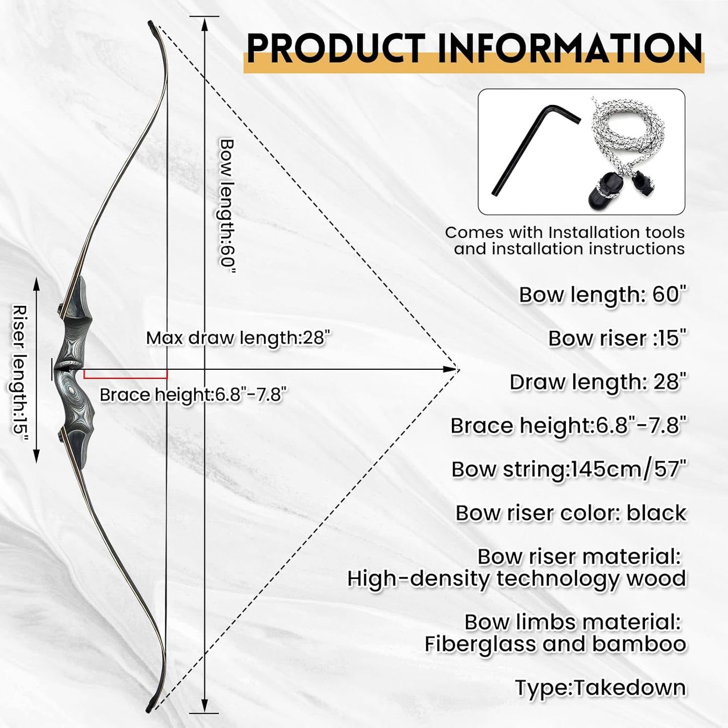 Obert Original Black Hunter Takedown Recurve Bow 60inch with Bamboo Core Limbs Archery Hunting Target Practice