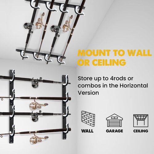 QudraKast Horizontal Fishing Rod Holder for Garage Wall Ceiling Mount - Fishing Pole Holders Fishing Rod Rack Holds Up to 4 Rods or Combos, Ideal Fishing Gift (2pack)