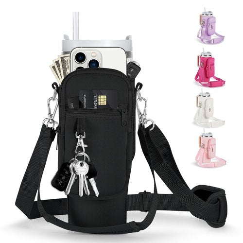 linmaya Water Bottle Carrier Bag with Phone Pocket for Stanley Cup 40/30oz,Insulated Neoprene Water Bottle Holder Cross-boday Bag with Adjustable Shoulder & Handheld Strap Stanley Cup Accessories