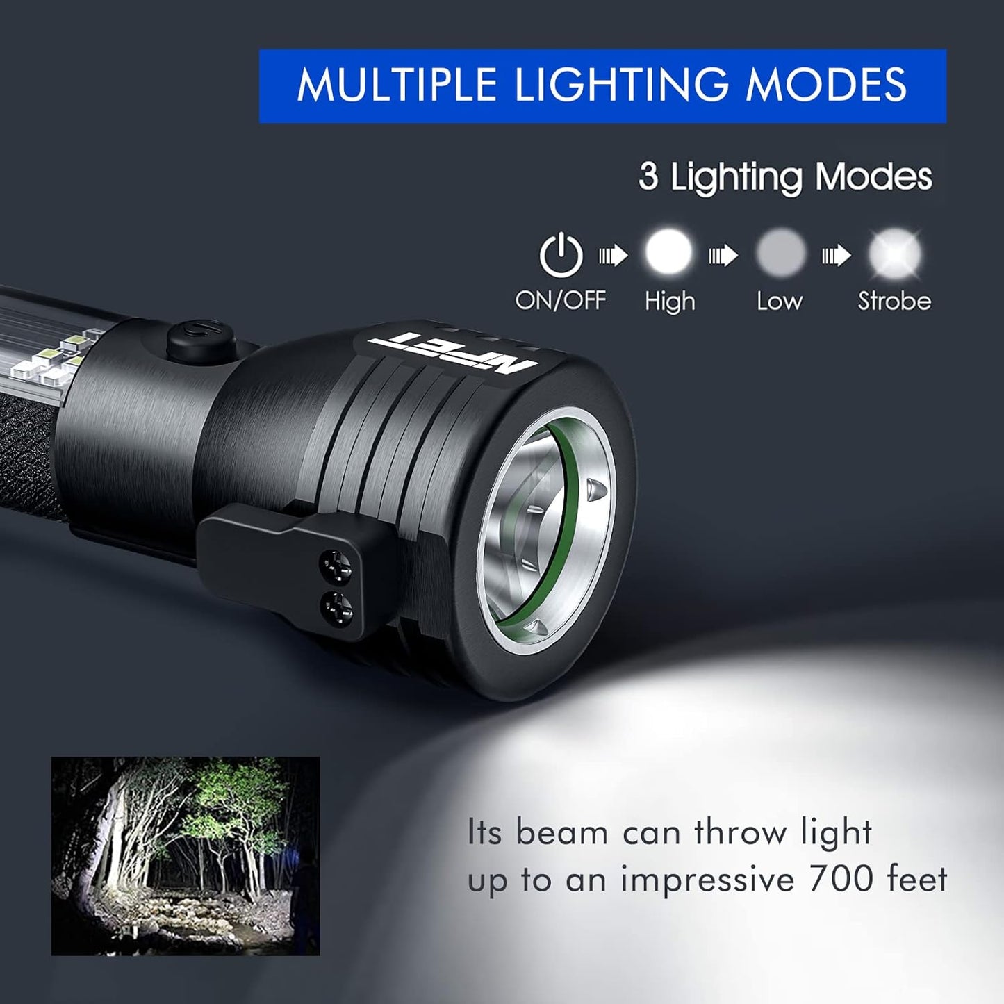 NPET T10 Car Flashlight 500 Lumens LED COB Light Solar Powered USB Rechargeable Tactical Multi-Function Torch Tool with 120dB Siren Window Breaker Seat Belt Cutter Compass for Camping