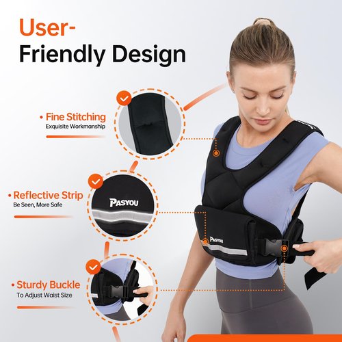 PASYOU Adjustable Weighted Vest 10LB-22LB with Reflective Strip Body Weight Vest with 6 Ironsand Weights 2 Ankle Weights for Men Women Running Weights Vest for Cardio Strength Training Walking Black
