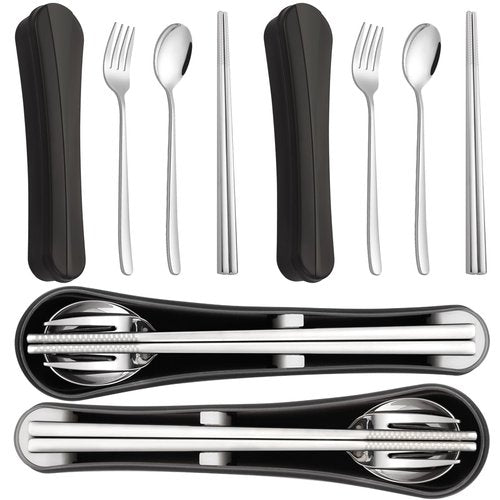 2 Pack Travel Utensils with Case, PHILIPALA Portable Reusable Silverware Set for Lunch Work Picnic, 18/8 Stainless Steel Camping Cutlery Set Includes Fork Spoon Chopsticks(Silver)