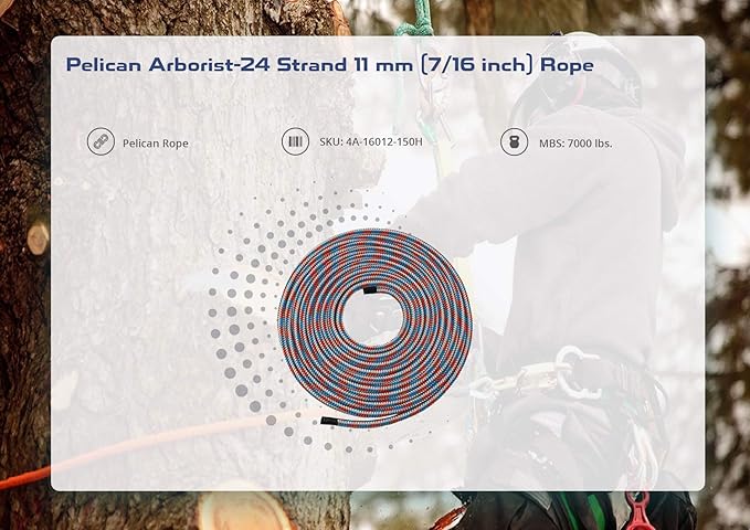 Pelican Arborist-16 Strand 12.7 mm (1/2 inch) Arborist - 7000 lbs Breaking Strength - Static Climbing Rope Used for Arborists - 120 ft - Plain End