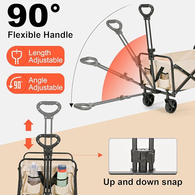 Folding Wagon Cart, Portable Large Capacity Beach，Heavy Duty Utility Collapsible with All-Terrain Wheels，Cart Foldable Wagon for Camping,Shopping,Beach, Garden(Beige)