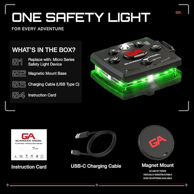Guardian Angel Micro Series Safety Lights, Beacon Device (Green Front & Green Rear) | Rechargeable, Magnetic & Hands-Free Wearable LED Light for Dog Walking, Cycling, Camping & Kayaking
