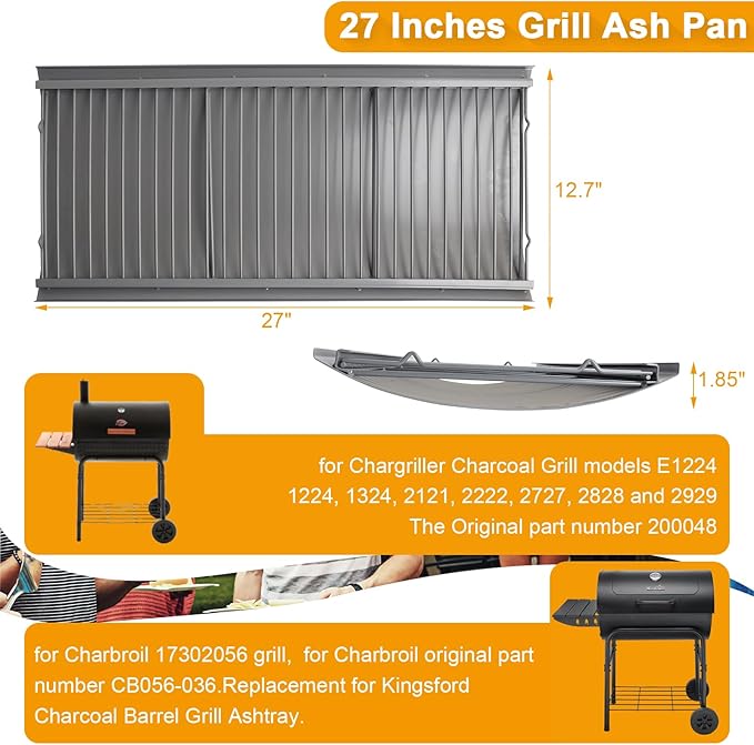 27 Inch Aluminized Steel Ash Pan for Chargriller Charcoal Grills 1224 1324 2121 2222 2727 2828 2929 Replacement Parts with 3pcs Removable Fire Grates and 2pcs Hanger for Charbroil 17302056 Grill